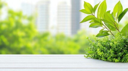 A fresh green plant on a white table against a blurred city backdrop, perfect for nature-themed projects and modern interiors. Buying green Concept.