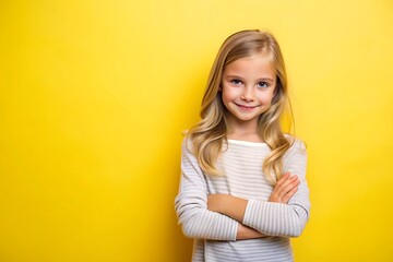 Wall Mural - Happy little girl with arms crossed against a yellow background.