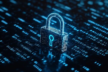 A sleek digital padlock icon glowing in neon blue, floating in front of a dark background filled with binary code 