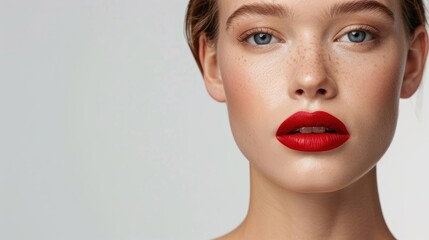 A close-up portrait of a girl with striking red lips and natural makeup, emphasizing her flawless skin and captivating eyes.