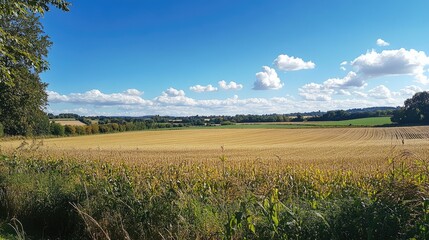 a wide shot of a rural landscape with a field of dry corn in the foreground and a blue sky with fluf