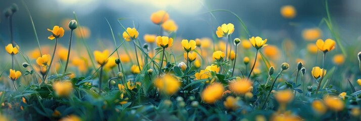 Wall Mural - Delicate yellow blossoms emerging in a grassy field