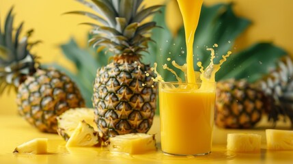 Glass of Fresh Pineapple Juice With Splash on Yellow Background, Surrounded by Ripe Pineapples