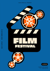 Wall Mural - Movie and film festival poster template design. Clapperboard connect with fill reel isolated on blue background