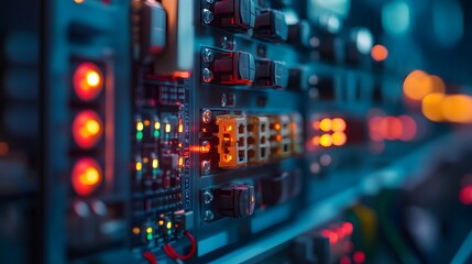 A row of electronic equipment with a blue background. The equipment is lit up and he is in use