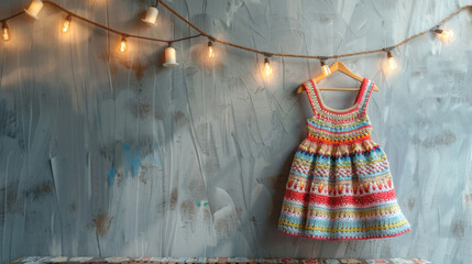 banner with children crochet dress, hanging on the wall on a clothes hanger, handmade natural crochet, colorful.