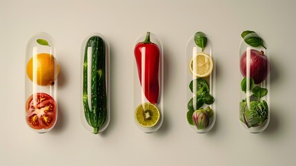 Transparent Capsules Filled with various fruits and vegetables representing a healthy and natural approach to nutrition.