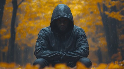 mysterious man wearing all black clothes in the forest with his head covered by a hat and jacket