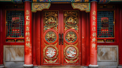 Close-up of intricate Chinese New Year decorations on a doorway, red and gold colors, paper cuttings and couplets, festive and detailed.