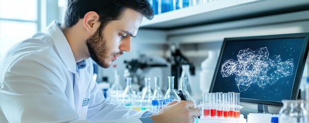 A focused scientist analyzing data on a computer in a modern laboratory filled with test tubes and scientific equipment.