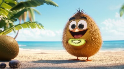 Canvas Print - Adorable cartoon kiwi with a fuzzy exterior, smiling with a slice of itself on a beach backdrop.