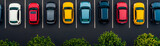 Overhead view of a packed parking lot with colorful cars