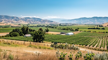 Wall Mural - Wide-angle image of a farmâ€™s picturesque landscape with a clear focus on organic crops and a sign promoting support for local farmers. 