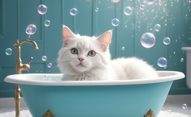 Wall Mural - White persian cat with blue eyes in the bath Shallow depth of field Generative AI