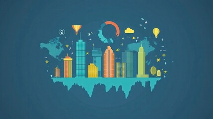 Wall Mural - A city skyline is shown on a blue background with a lot of different buildings