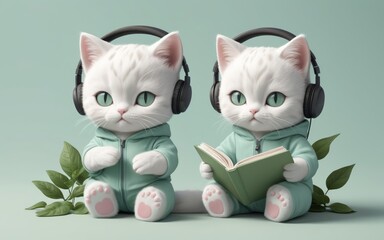 Wall Mural - Cat listening to music while read book