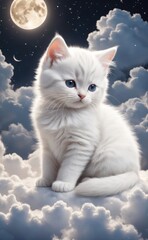 Wall Mural - Kitten is sleeping on clouds at night