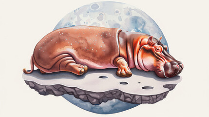 Sticker - Serene hippo slumbers under the grey moon in this handpainted watercolor illustration, set against a clean white backdrop.