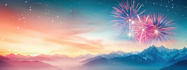 Wall Mural - Fireworks over a snow-covered mountain range, fireworks, winter celebration