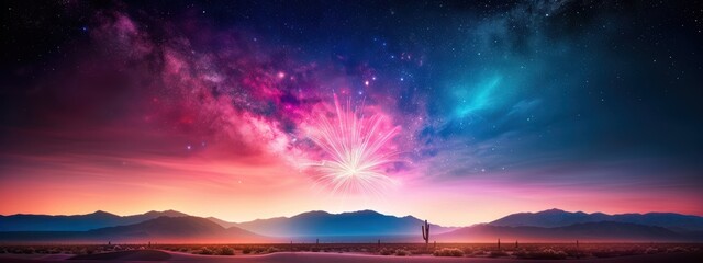 Wall Mural - fireworks over a tranquil desert with cacti, fireworks, desert night