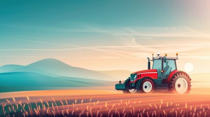 Poster - GPS farming, tractor using satellite navigation, flat design illustration