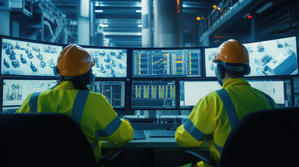 Wall Mural - Engineers monitoring in control room with computer screens displaying system data	