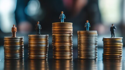 Wall Mural - A group of men are standing on top of stacks of coins