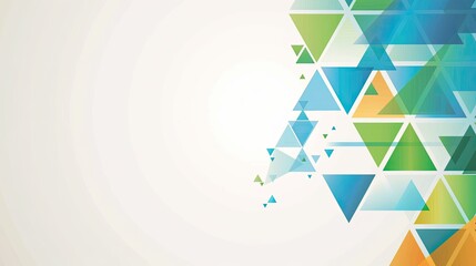 A simple vector graphic background with blue, green and orange triangles in the bottom right corner of an empty white rectangle, professional presentation style