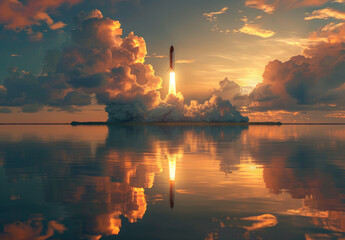 Wall Mural - A rocket taking off, with the rising sun reflecting on water in front of it