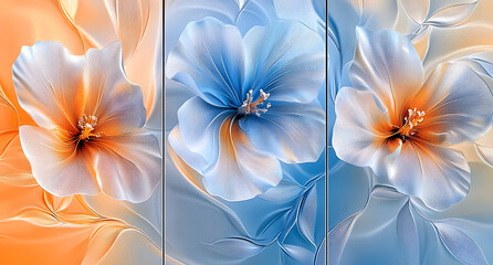 Three abstract botanical wall art panels in blue and orange with translucent flowers