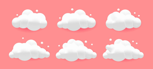 Wall Mural - 3d geometric cloud shapes on a soft pink background. fluffy cartoon cloud icons & soft round vector 