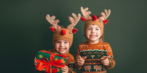 Two children in a deer hat and Christmas costume smiling