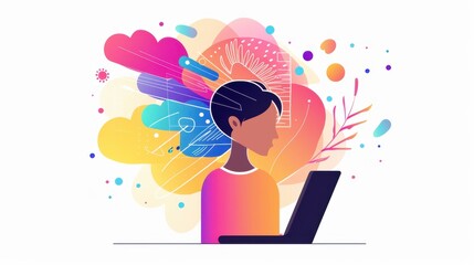 Innovation: Technology, Advancement, Modernization, Improvement, Breakthrough, person with a futuristic device, flat design illustration