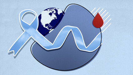 Wall Mural - A blue ribbon is wrapped around a globe, symbolizing the importance of awareness