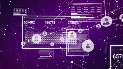 Poster - Processing digital data, network connections and statistics animation on purple background