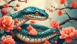© 杜克 杜 - Elegant snakes meander on spring peach trees, with verdant mountains in the background.