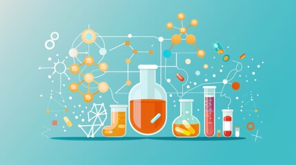 Molecular modeling, AI in pharmaceuticals, flat design illustration