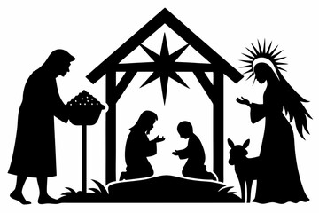 Wall Mural - Nativity Scene black Silhouettes,Nativity scene silhouette Jesus in manger, shepherd and wise men. Christmas story Mary Joseph and baby Jesus in nursery. silhouette nativity scene night