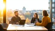 © Pual GotoMars - A modern office meeting with three professionals engaged in discussion under warm sunlight, showcasing teamwork and collaboration.