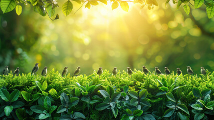 Wall Mural - A group of birds are perched on a green bush