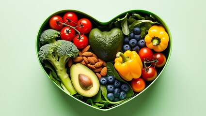 A vibrant photo showcasing a heartshaped bowl filled with nutritious diet foods, including fresh fruits, vegetables, and whole grains, promoting heart health and cardiovascular wellness  