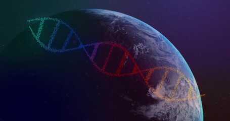 Wall Mural - Animating DNA strand over Earth from space, scientific visualization