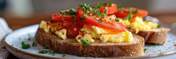 Sticker - Close-up of egg and tomato sandwiches with butter on a plate, perfect for breakfast.