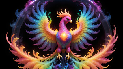 Sticker - glowing phoenix rising from a kaleidoscope of neon rainbow smoke