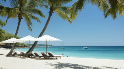 Wall Mural - A beach scene with palm trees and umbrellas