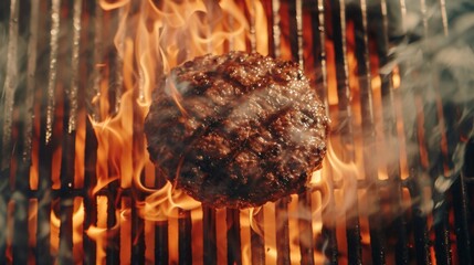 A top view of a juicy hamburger patty sizzling on a grill, surrounded by flames and smoke for a mouthwatering barbecue scene.