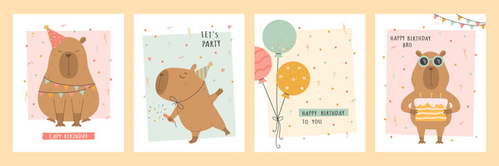 Wall Mural - Birthday card set with capybara, cake and balloons