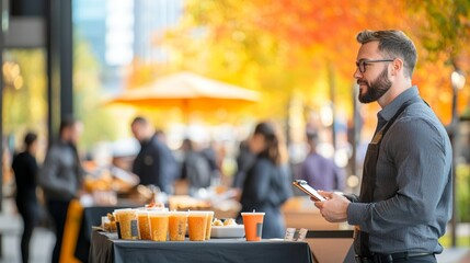 A stylish man observes a vibrant outdoor gathering with drinks on display, surrounded by people enjoying a sunny day.