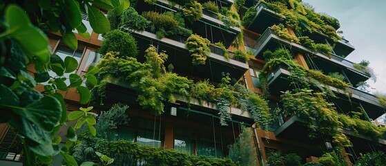 Wall Mural - Green building with dense vegetation Growing on multiple levels Sustainable architecture Urban jungle Eco-friendly design City landscape Diagonal view