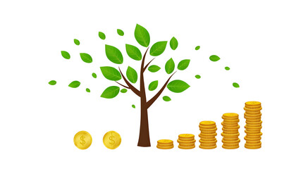 A transparent PNG showcasing a tree with slightly larger green leaves than the first. Gold coins are placed to the right of the tree, symbolizing economic growth and profit.